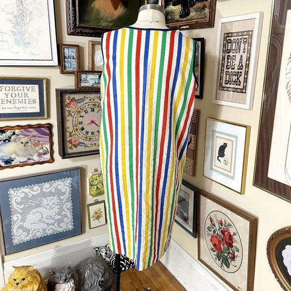 70s Vintage Village Inn Fashions Rainbow Striped Seersucker Midi House Dress XL - Picture 4 of 5